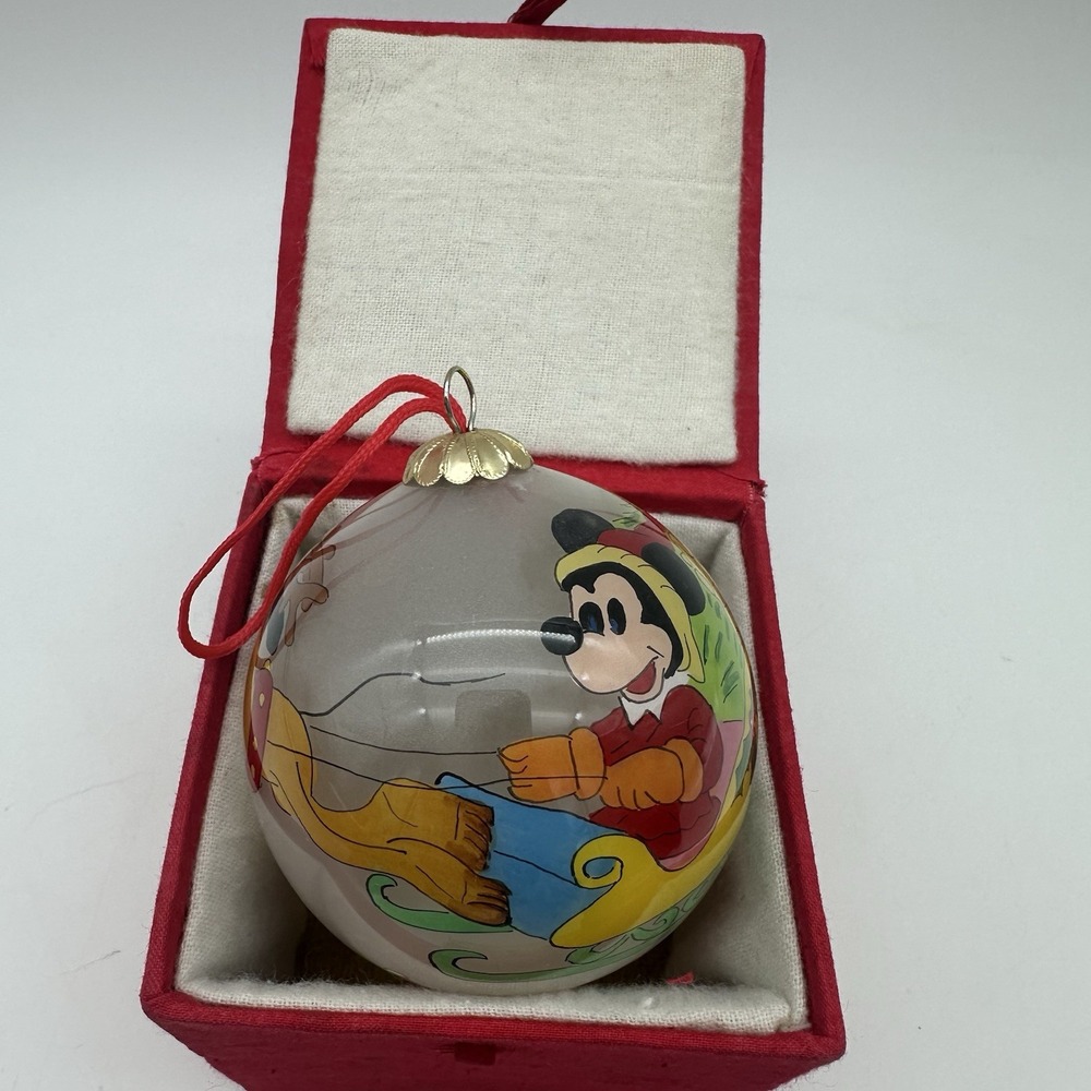 Mickey Mouse & Pluto On Sleigh Inside Painted Blown Glass Xmas Ornament With Box